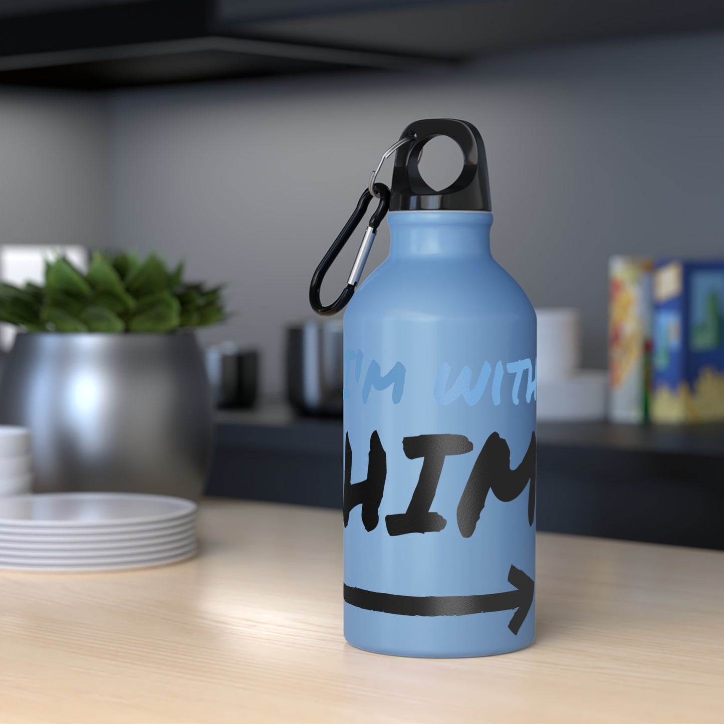 Aluminum Water Bottle – ‘I’m With HIM’ Design | Blue Travel Flask with Carabiner Clip – Couples Edition